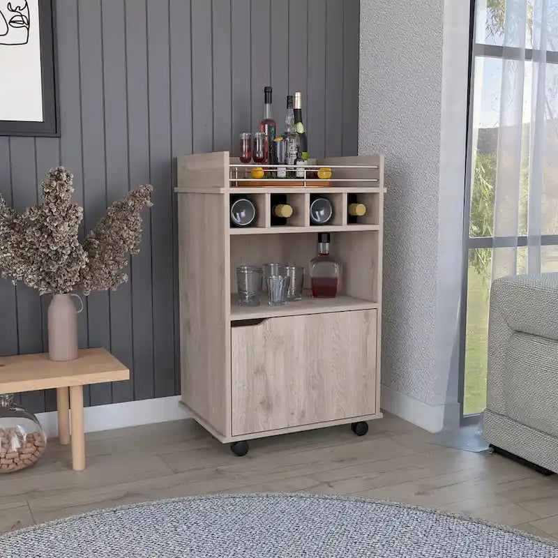Beige Rolling Bar Cart with Open Shelves Wine Cubbies and Cabinet