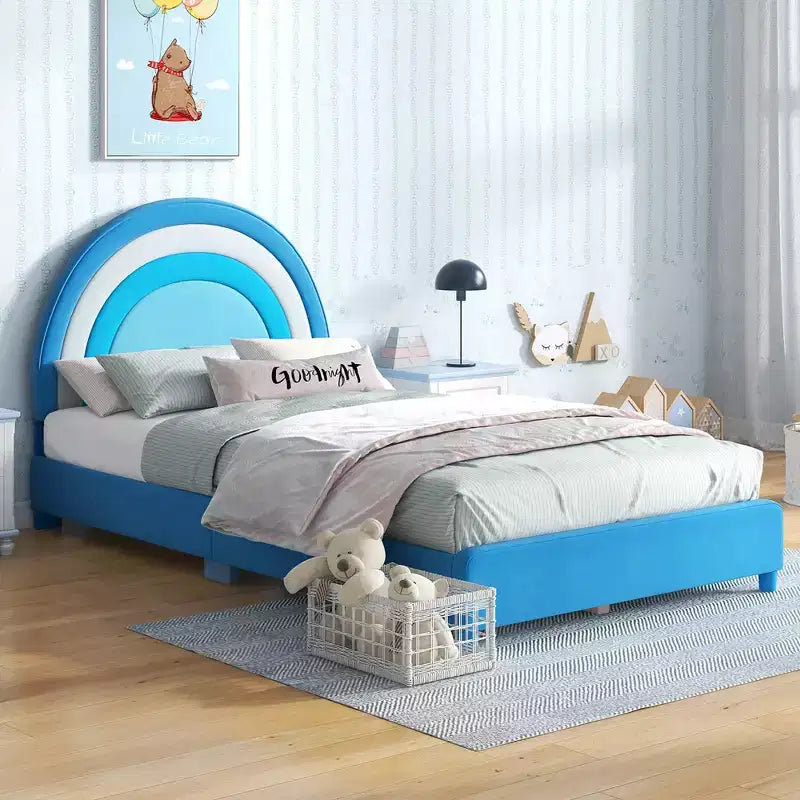Costway Kids Twin Platform Bed Frame Upholstered Twin Size Bed w/ Wooden Slats Support