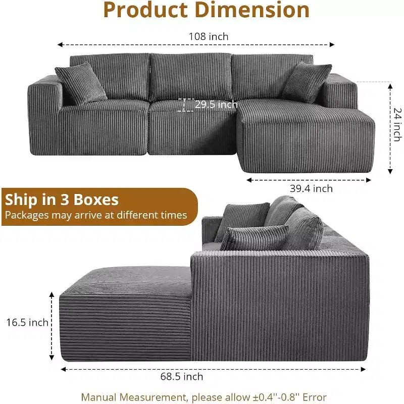 Acekool 108 Cloud Sectional Sofa - Plush L-Shaped Modular Couch with Deep Seating, No Assembly Needed, Corduroy Fabric for Living Room