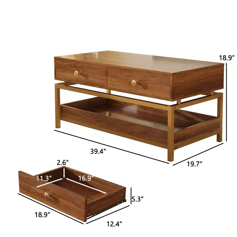 39.4 Modern Coffee Table �C 2 Drawers & Open Shelf, Wood & Metal, Brown