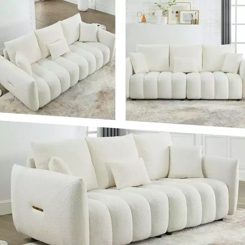 3-seater Upholstered Sofa Couch, Teddy Fabric Sofa with 3 Back Pillows