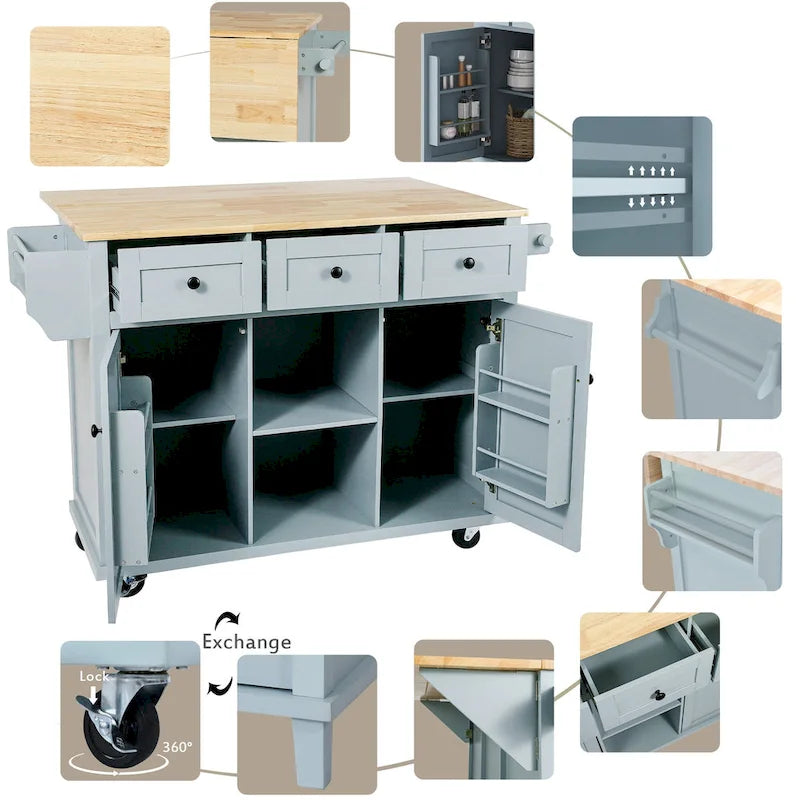 White Rolling Kitchen Island Cart with 5 Wheels Drop Leaf Rubberwood Top 3 Drawers and Spice Rack