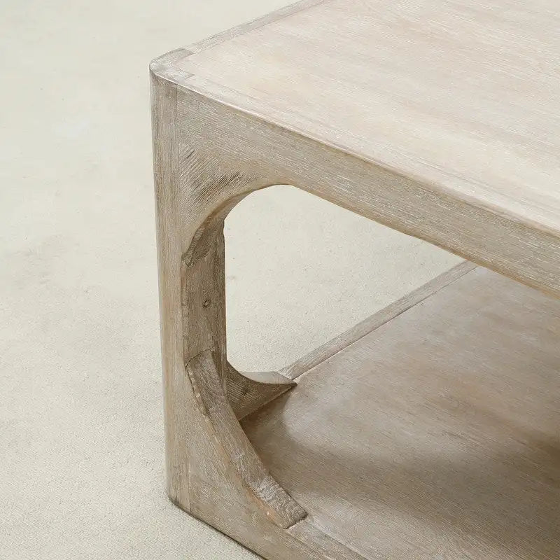 67 Handcrafted Reclaimed Wood Coffee Table, Weathered White Wash, Ming Style