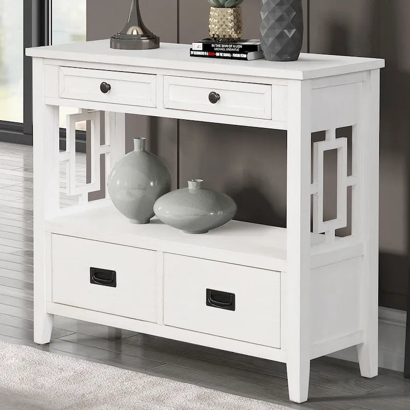 36 in. Farmhouse Pine Wood Console Table with 4 Drawers and Open Shelf