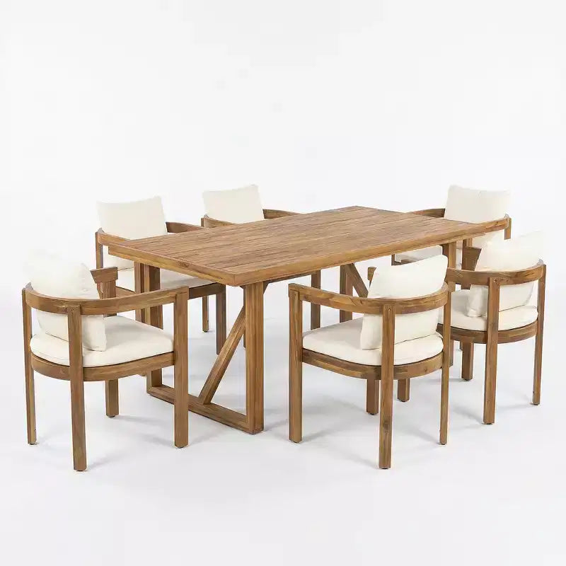 Christopher Knight Home Gruneo Modern 7 Piece Patio Acacia Dining Set with Cushion and Slatted Design