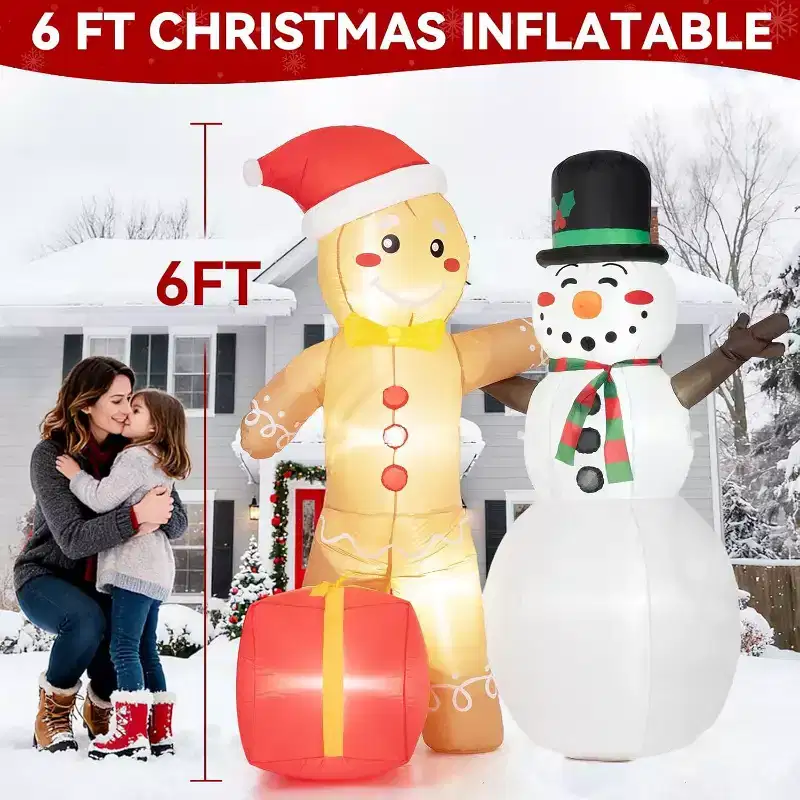 GOTGELIF 6FT Inflatable Gingerbread Man & Snowman with LED Lights Outdoor Holiday Decoration
