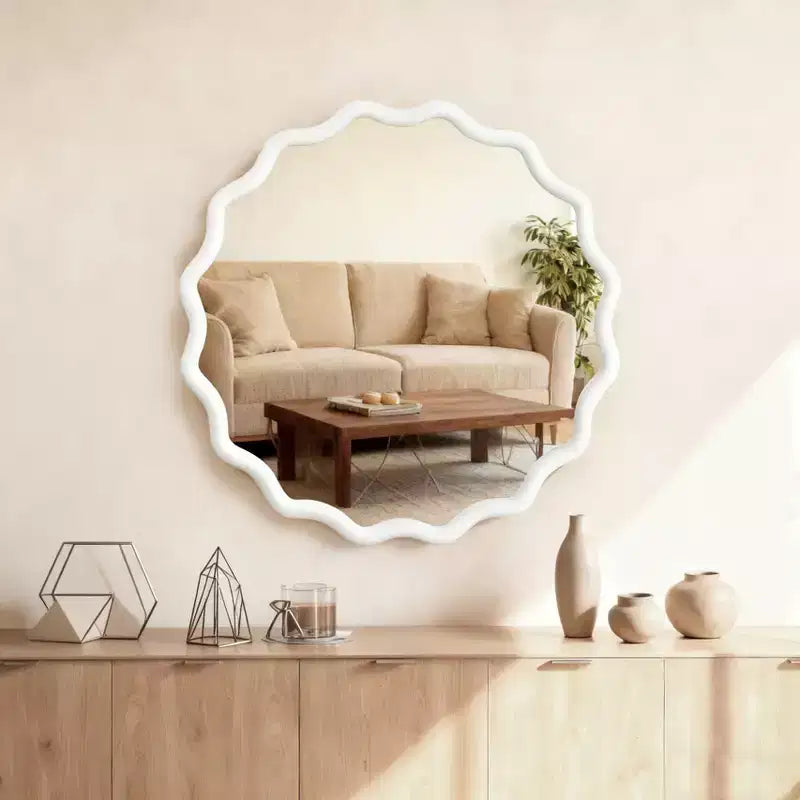 30 inch White Wavy Round Solid Wood Frame Wall Mirror for Bathroom Vanity, Wooden Farmhouse Decorative Mirror for Home
