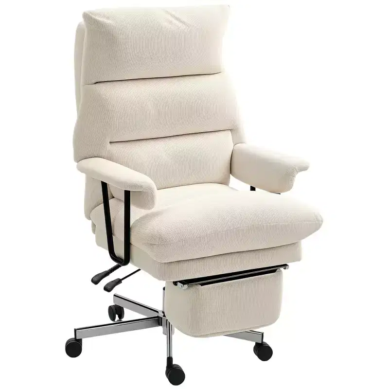High Back Reclining Office Chair with Footrest | Cream White / Gray | Single Seat