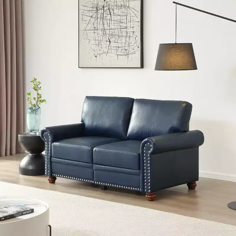 MAYEERTY Loveseat Sofa with Round Arm Silver Nails Couch Faux Leather for Liiving Room Office Navy Blue