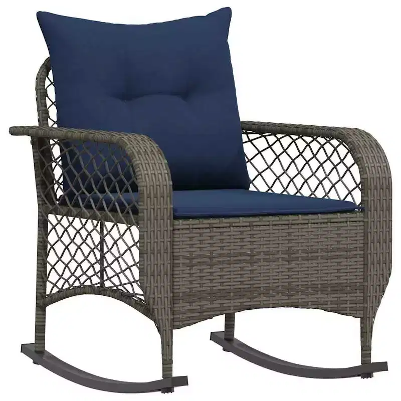 vidaXL Patio Rocking Chair with Cushions Gray Poly Rattan - Gray and Blue
