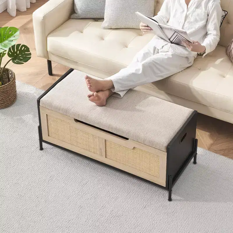 39.4 Inch Storage Ottoman, Large Rattan Bench,Square Rattan Foot Rest Stool, Foot Rest Stool, Bedroom Bench