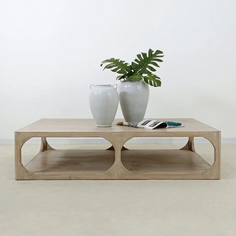67 Handcrafted Reclaimed Wood Coffee Table, Weathered White Wash, Ming Style