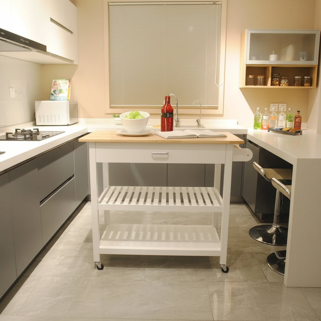 Rolling Kitchen Cart with Natural Wood Top 2 Open Shelves and Towel Rack