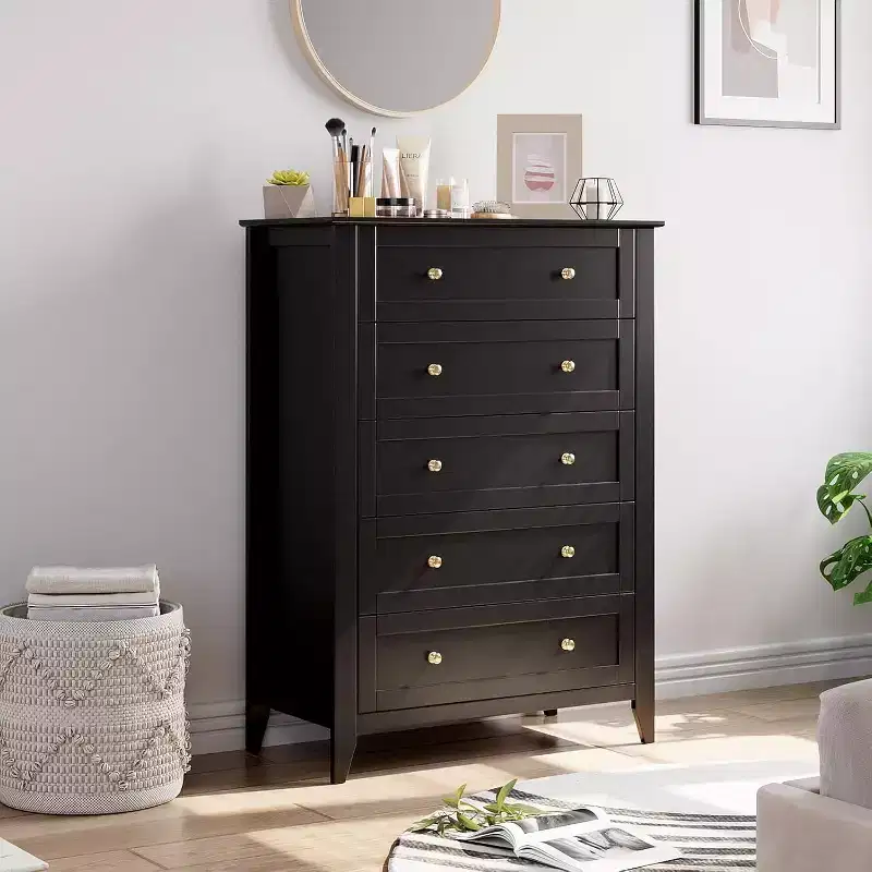 5 Chest Drawer Dresser, Modern and Stylish Dresser with Round Handle, Wood Storage Organizer with Ample Storage Space for Bedroom, Living Room, Black
