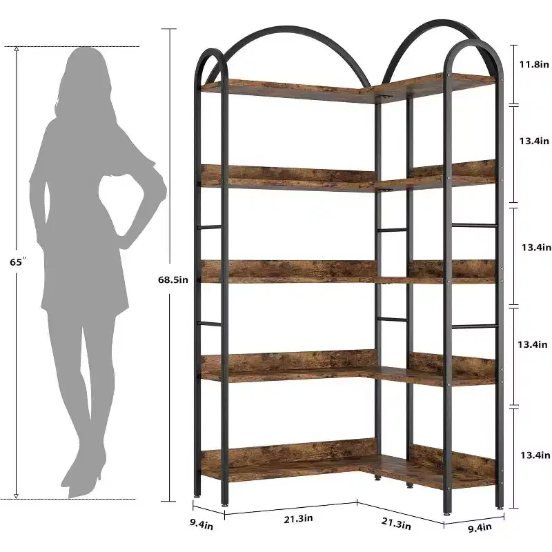Industrial L-Shaped Corner Bookshelf – 5-Tier Arched Display Shelf with Metal Frame, 68.5