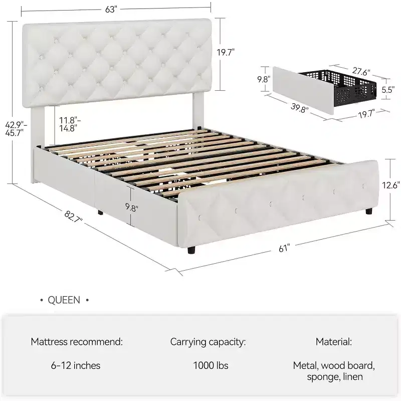 Queen Size Bed Frame with 4 Storage Drawers, Adjustable Headboard, Faux Leather Upholstered Platform, Diamond Tufted, No Box Spring, White