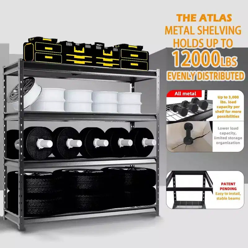 Atlas Shelving 4-Tier 72"x24"x72" Heavy Duty Garage Shelving Load 12000lbs Hammertone: Steel Utility Storage, Adjustable Shelves