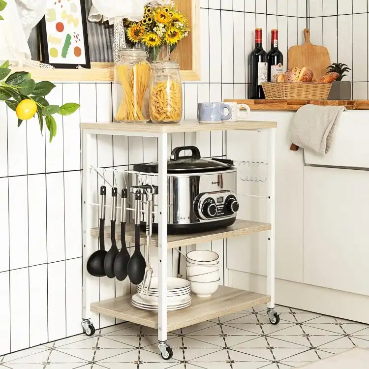 Rustic Brown 3-Tier Rolling Baker's Rack Microwave Cart with S-Hooks