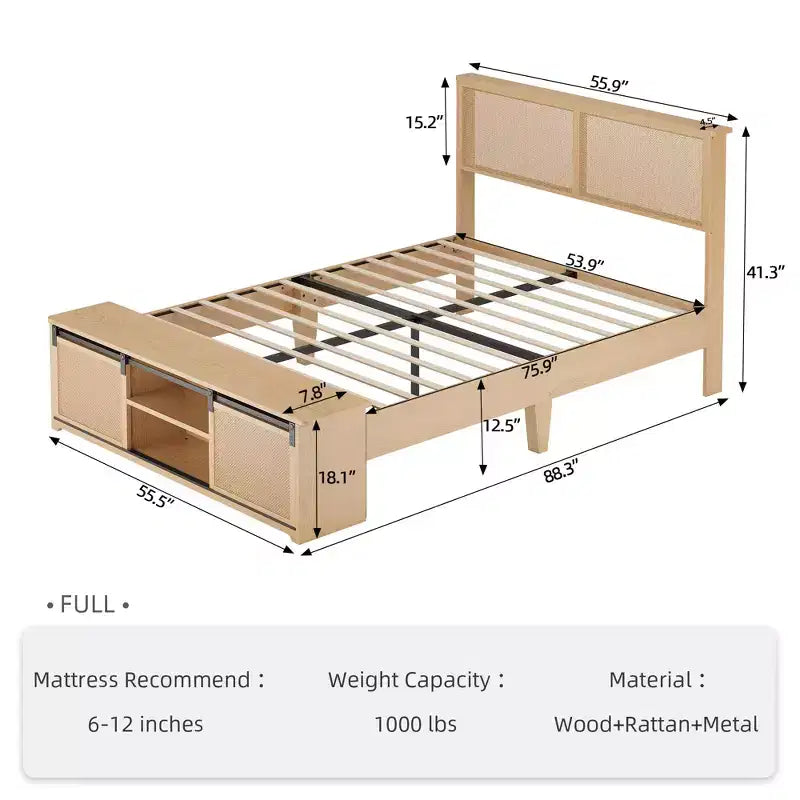 Acekool Rattan Platform Bed Frame with Storage Bench, LED Lights, App Control, Wicker Headboard, Noise-Free Support, No Box Spring Needed