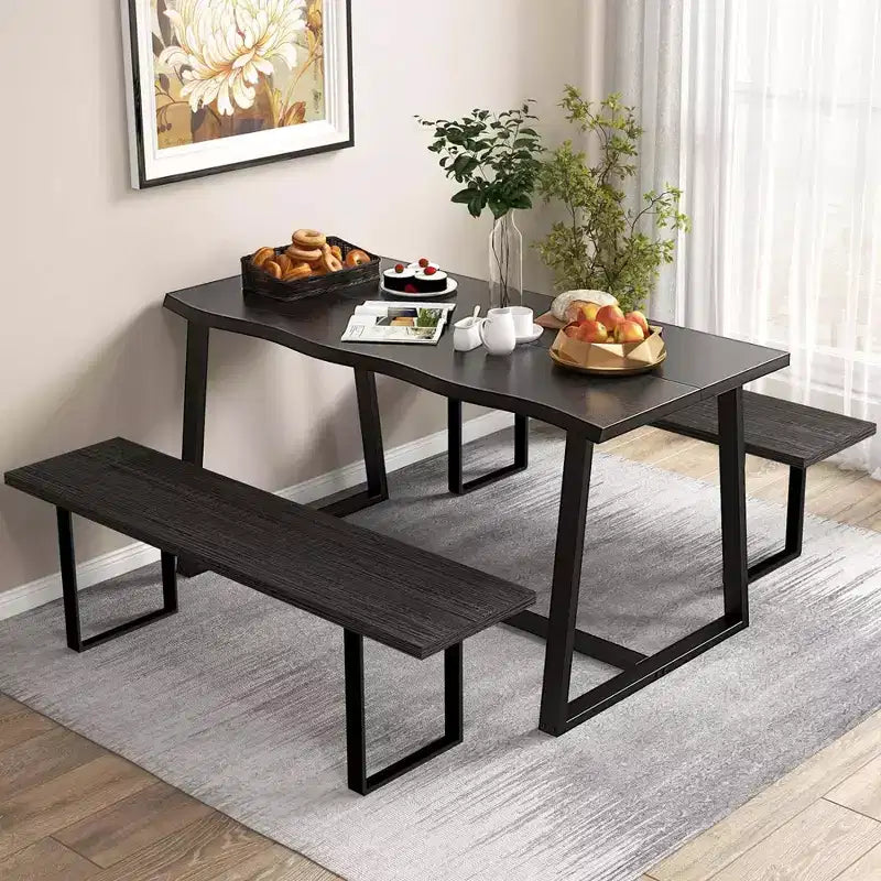 Costway 63 Large Dining Table for 4-6 People with Wavy Edge Heavy-duty Metal Frame Coffee/Black