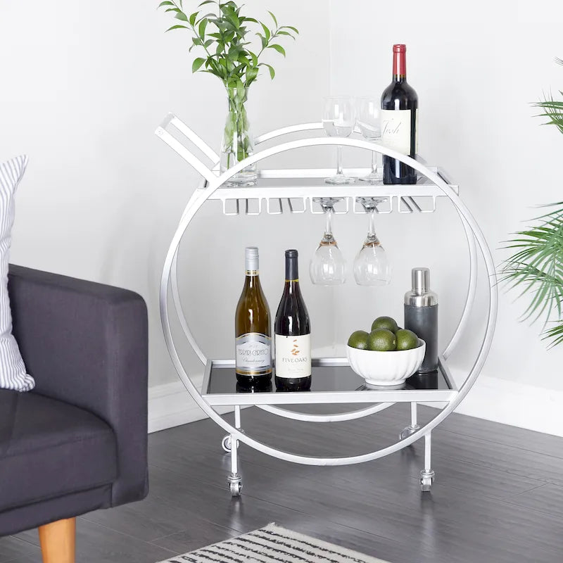Gold Round Iron Bar Cart with Mirror Shelves and Wine Glass Rack