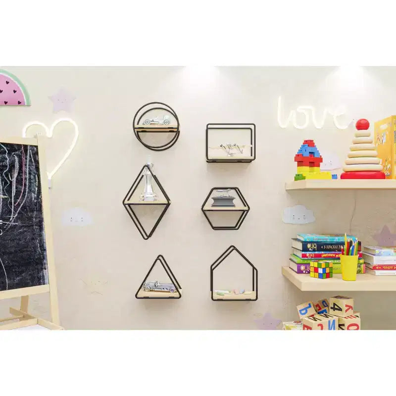 Set of 6 Geometric Wall Shelves  Floating Wooden Wall Decor