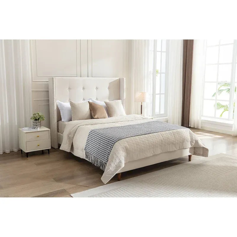 Velvet Wingback King Bed Frame with Button-Tufted Headboard & Walnut Legs