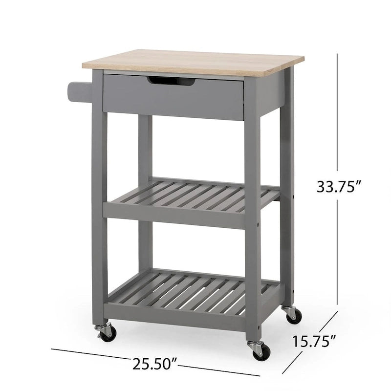 Compact Rolling Kitchen Cart with Rubberwood Top Drawer 2 Slatted Shelves and Towel Rack
