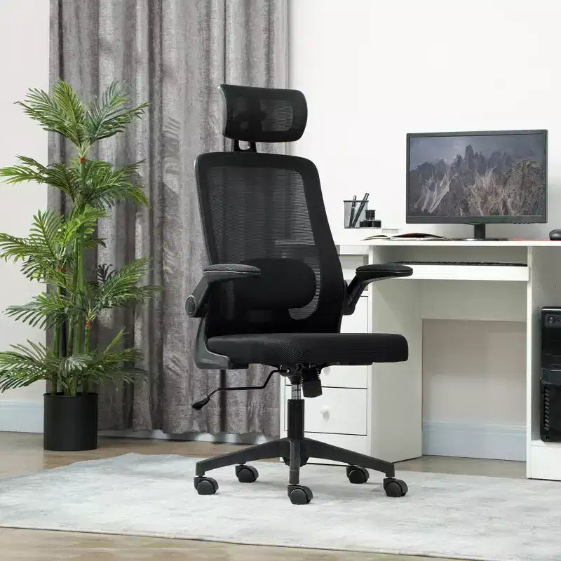 HOMCOM Ergonomic Office Chair with Flip-up Armrest, Adjustable Headrest and Lumbar Support, Mesh Desk Chair for Home Office
