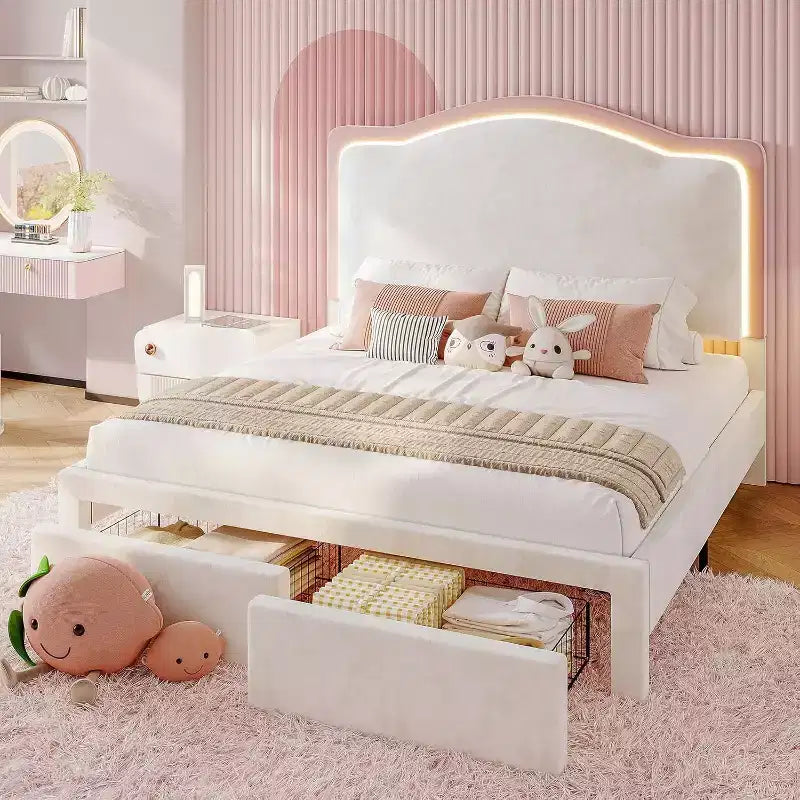 LED Bed Frame with Charging Station �C 50 Adjustable Storage Headboard