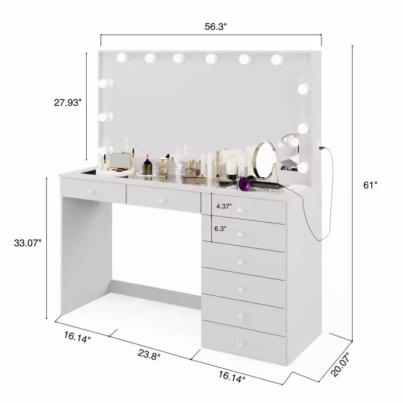 Johanna Lighted Crystal Ball Knobs Makeup Vanity White - Boahaus: Hollywood Mirror, 8 Drawers, USB Port