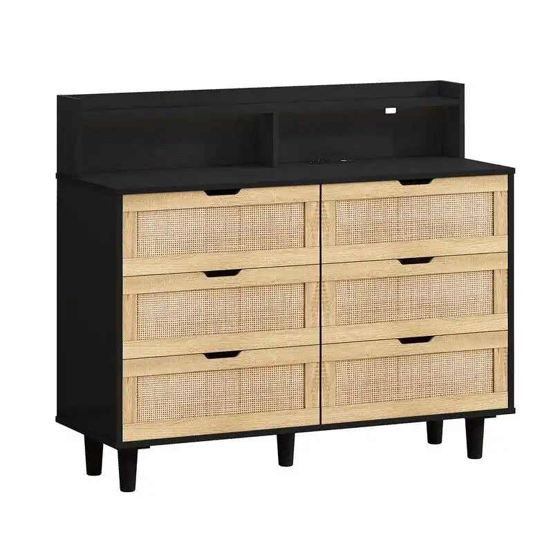 Bohemian Rattan 6-Drawer Sideboard Buffet with Adjustable LED Lights & Power Outlet
