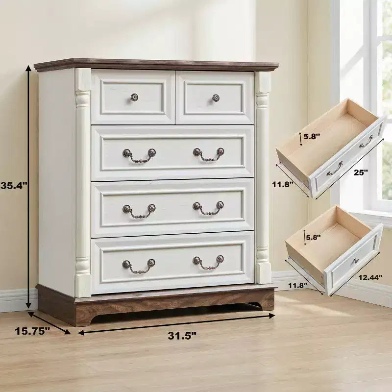 31-Inch Wooden Farmhouse Five-Drawer Chest Natural Walnut Finish