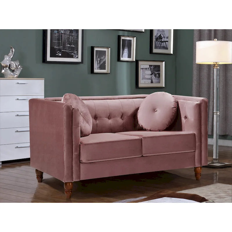 Crushed Velvet Loveseat with Button-Tufted Back and Bolster Pillows