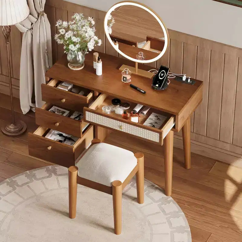 MAYEERTY 39 Retro Wooden Dressing Table with 3 Storage Drawers and Rectanglar Rattan Drawer for Bedroom Walnut