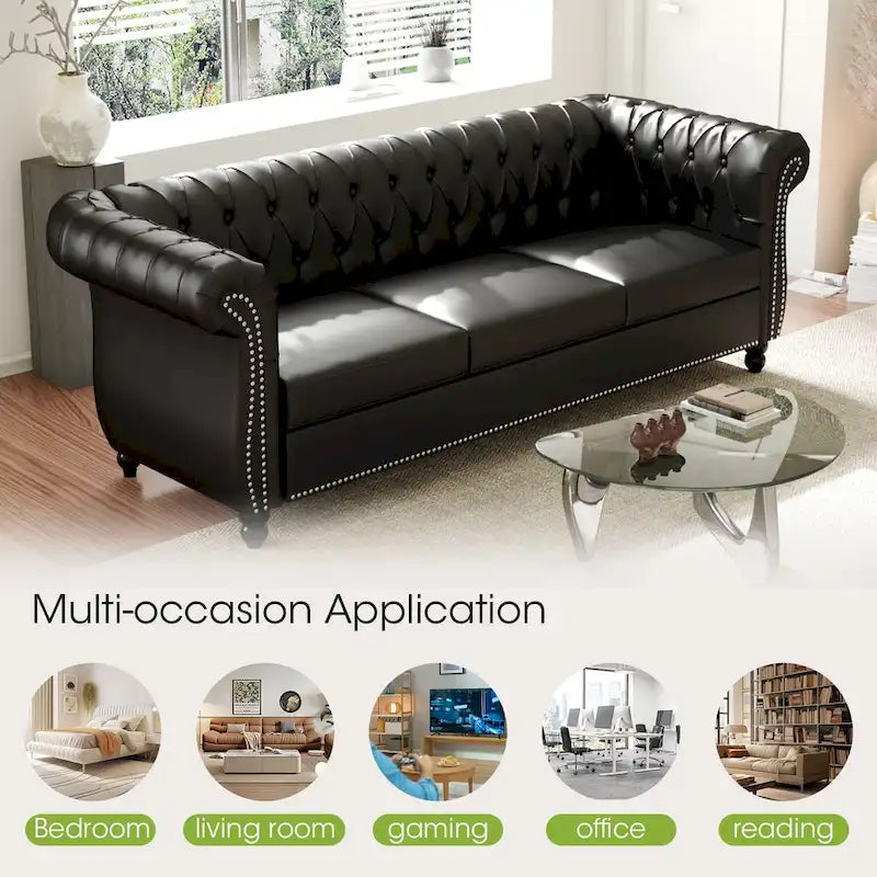 84 Mid-Century Modern 3-Seater Chesterfield Sofa, PU Leather, Birch Legs, 660 lbs
