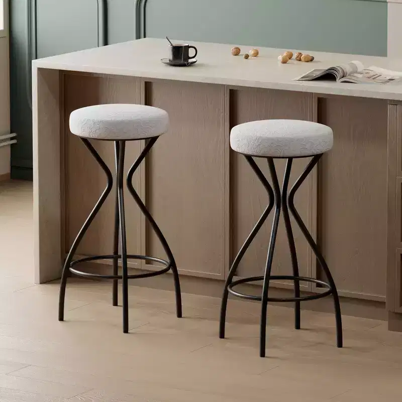 Backless Bar Stools Set of 2, Counter Height with Round Velvet Padded Seat, Boho Style for Kitchen Island