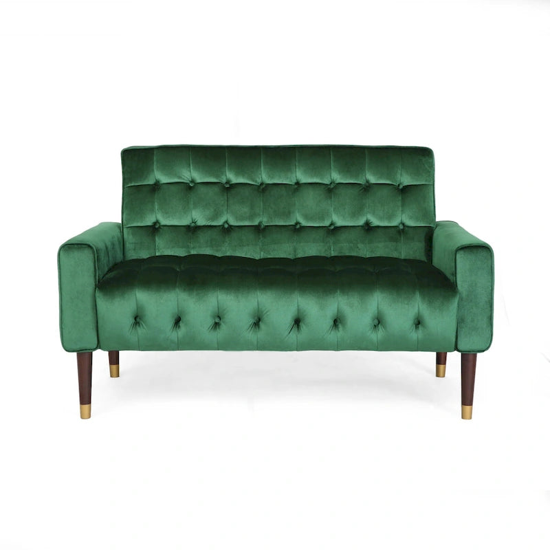 Mid-Century Modern Tufted Velvet Loveseat with Gold Tapered Legs