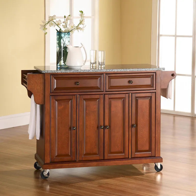 Cherry Rolling Kitchen Cart with Gray Granite Top 3 Cabinets 2 Drawers and Spice Rack