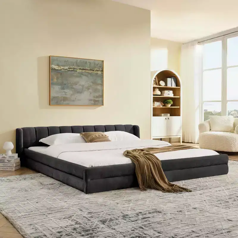 King Size Upholstered Bed with Headboard, Chenille Fabric Solid Frame for Bedroom, Gray