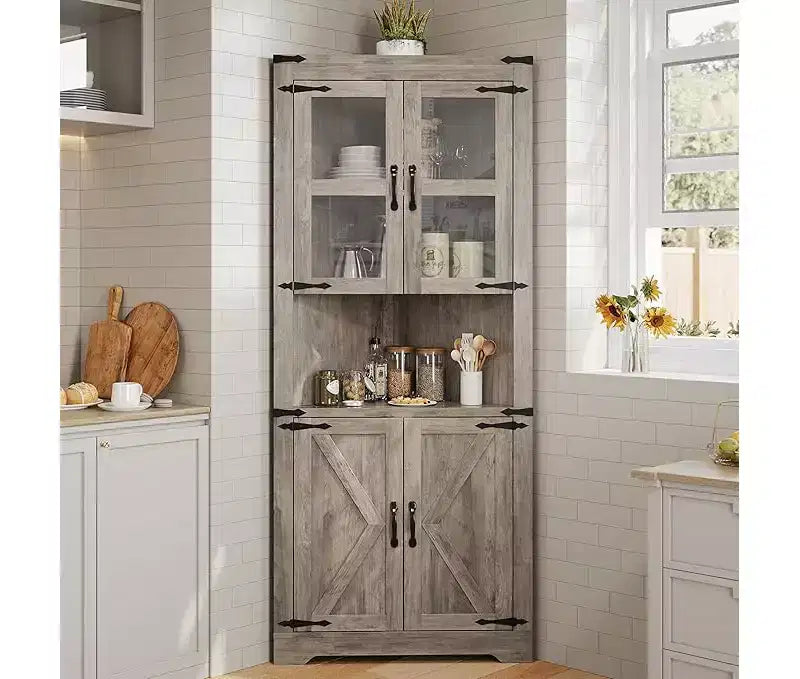 Corner Cabinet, Tall Corner Cabinet with Barn Door & Adjustable Shelves, Corner Storage Cabinet for Living Room, Kitchen, Bathroom, Washed Grey