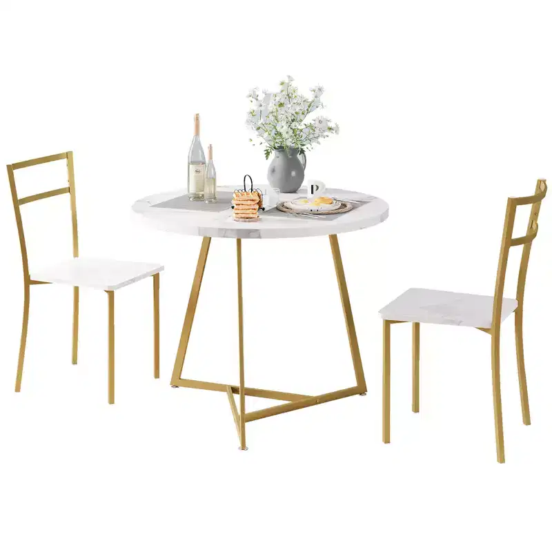 Dining Table Set, 3-Piece Round Kitchen Ensemble with Upholstered Chairs & Sturdy Steel Frame, for Small Spaces, Apartments, and Studios, White