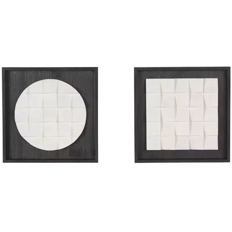 Olivia & May Set of 2 Wood Geometric 3D Cube Grid Wall Decors with Black Frames White: Contemporary Style, Vertical Display