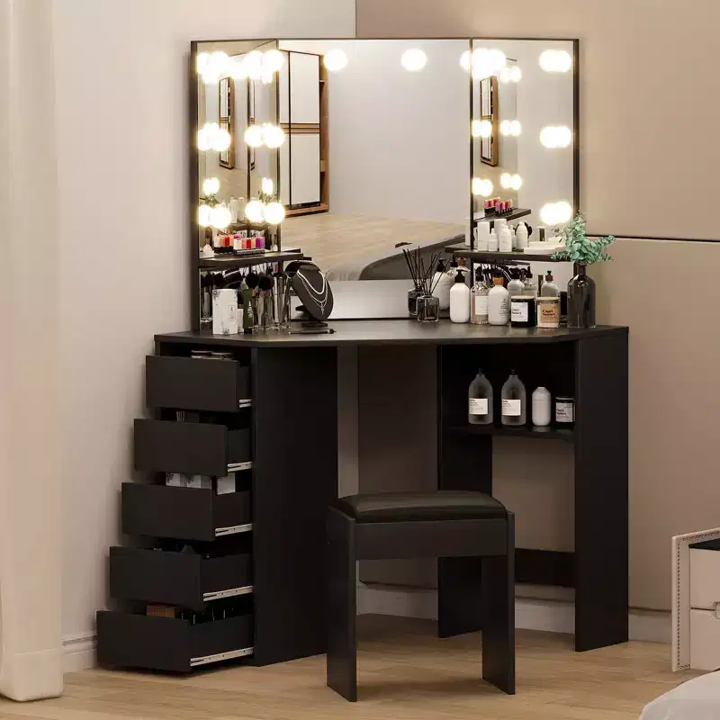 Corner Vanity Desk with Mirror, Lights & Stool — Large Dressing Table with 5 Drawers