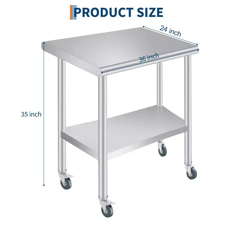 Stainless Steel Prep Table with Rounded-Corner, Adjustable Undershelf and 4 Caster Wheels, Commercial Heavy Duty Table with Adjustable Under Shelf