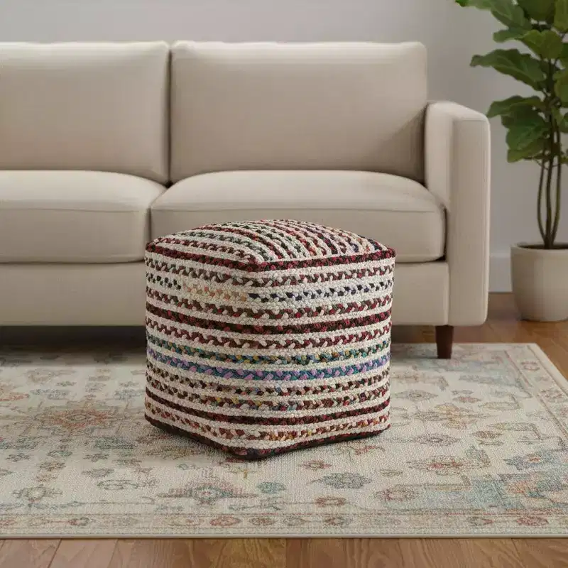 18 Natural and Rainbow Braided Jute Blend Striped Pouf Ottoman