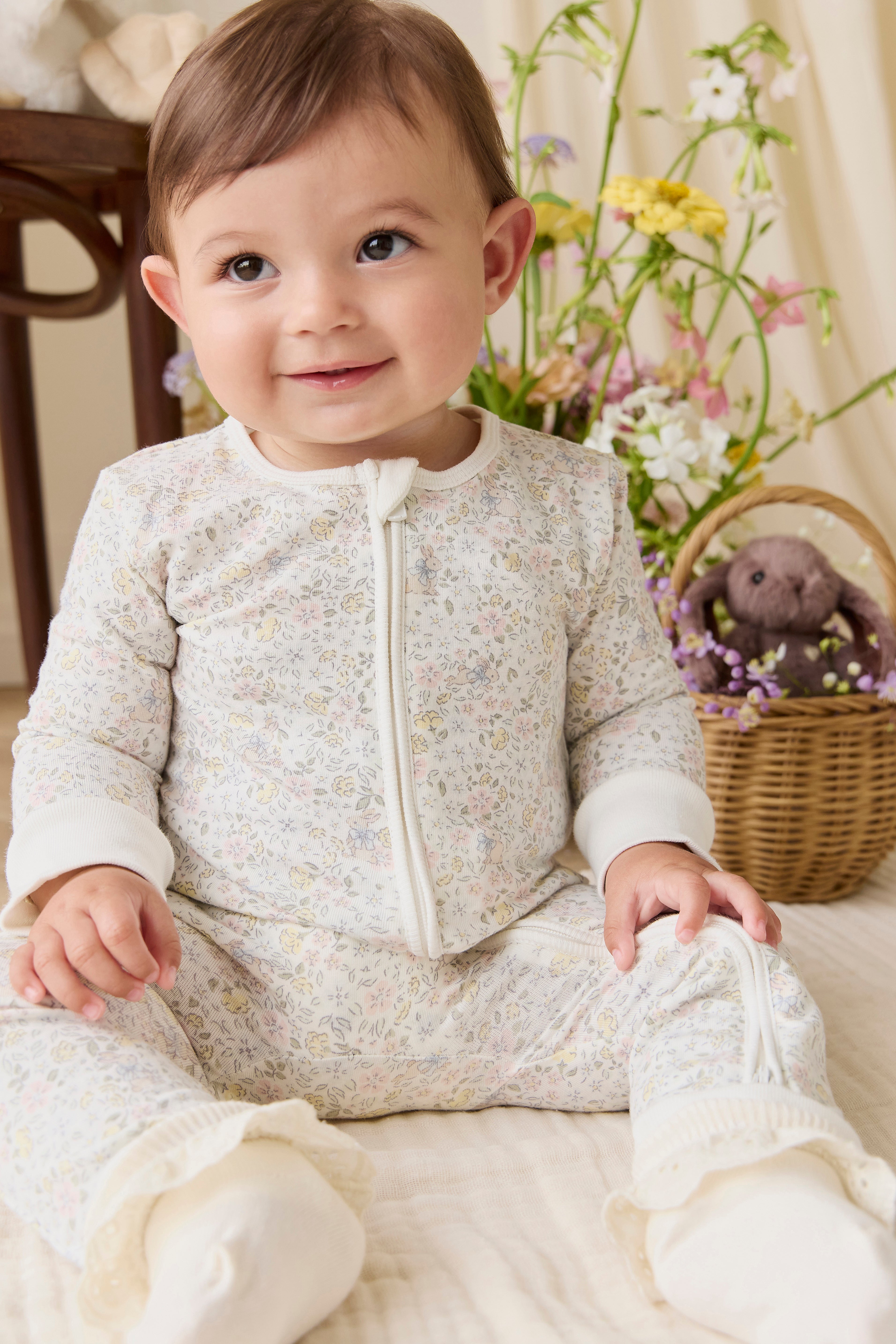 Delicate Neutral Scattered Floral Organic Cotton-Elastane Onepiece with Full-Length Front Zip for Baby Daily Wear (0�C3Y)