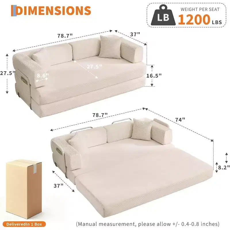 Canapé-lit convertible 5 en 1, canapé-lit modulaire en velours côtelé de 200 cm avec structure robuste, futon multifonctionnel pour petits espaces, salon et chambre d'amis