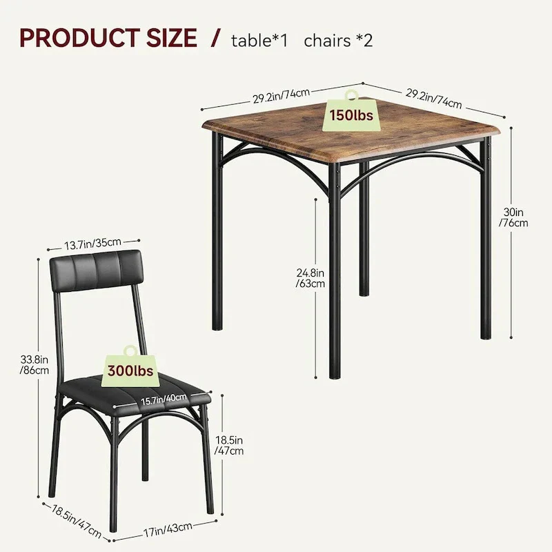 Dining Table Set for 2, Kitchen Table with Upholstered Chairs for 2