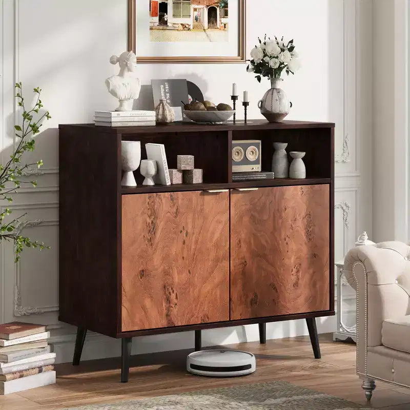 31.5 Walnut and Burl Storage Cabinet - Compact Accent Cabinet for Dining Room, Living Room or Entryway